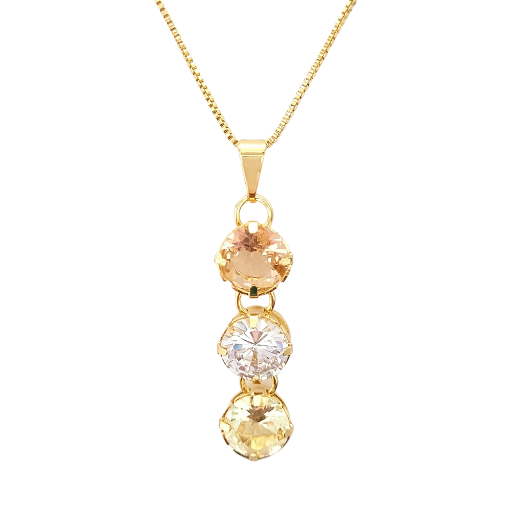 Colar trio zircônias 10mm light peach, cristal, citrino banho ouro 18k