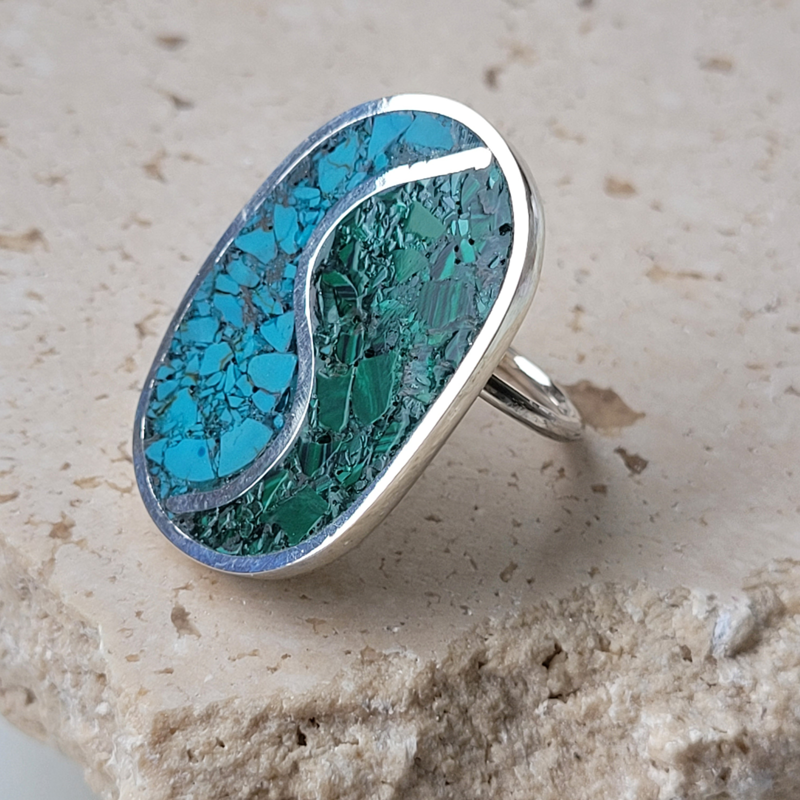 Anel inlay turquesa e malaquita prata 950 - Imagem 2