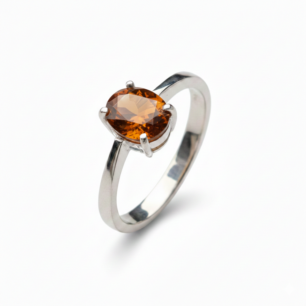 Anel solitário citrino natural prata 950